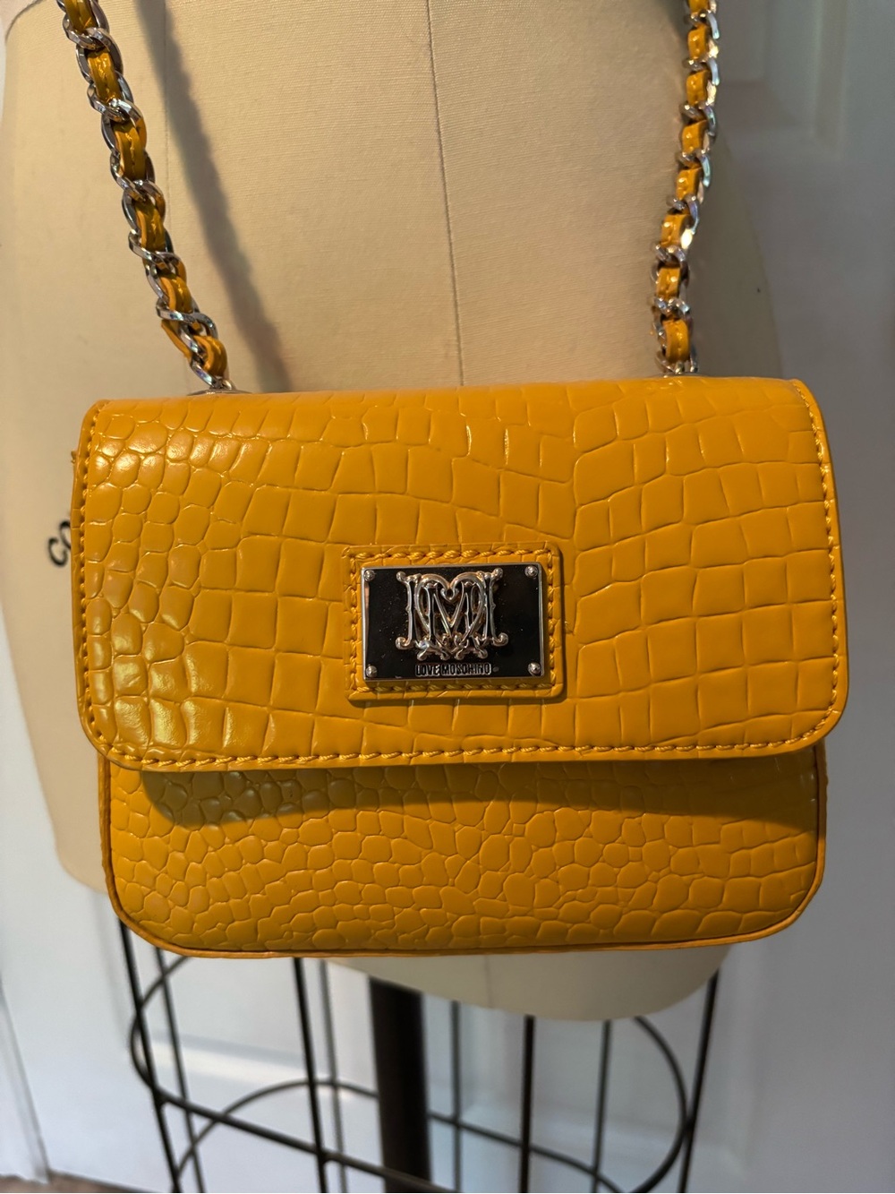 Love Moschino Yellow Croc-Embossed Chain Crossbody Bag